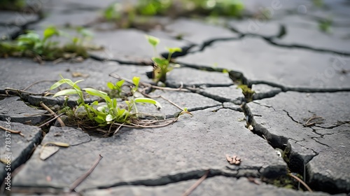 A cracked and weathered pavement with weeds pushing through the gaps