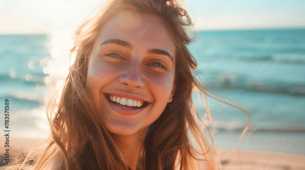 Happy, beautiful young woman smiling at the beach side, portraying a delightful girl enjoying a sunny day out