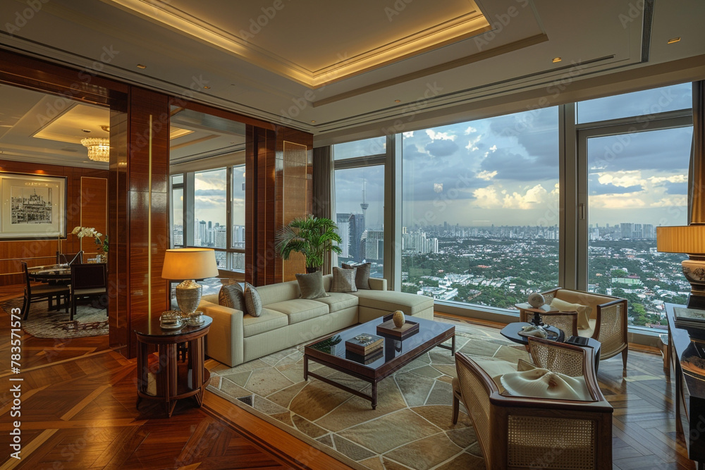 Obraz premium A Manila executive's suite, blending Filipino heritage with modern luxury, featuring narra wood, capiz shell windows, and a panoramic view of the city.