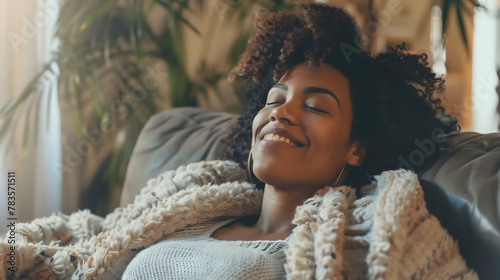 Happy afro American woman relaxed on home sofa with cozy atmosphere