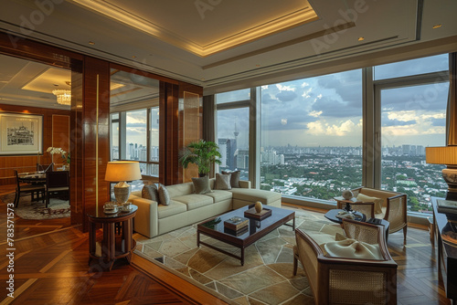 A Manila executive's suite, blending Filipino heritage with modern luxury, featuring narra wood, capiz shell windows, and a panoramic view of the city. photo