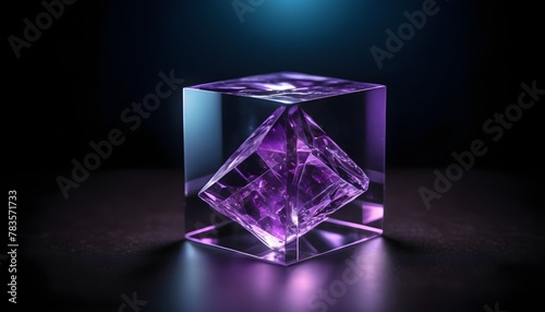 Purple sparkled geometric decorated glass cube with reflections isolated on dark background
