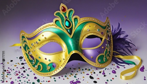 Illustration of mardi gras mask with feathers and paint in bright colours 
