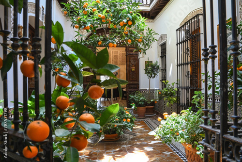 A luxury apartment in Seville, with Andalusian charm, a private courtyard filled with orange trees, and ornate ironwork, offering views of the Giralda.