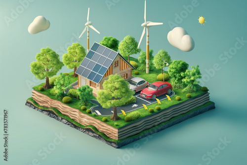 Renewable energy concept with house, wind turbine and solar panels, Isometric style.