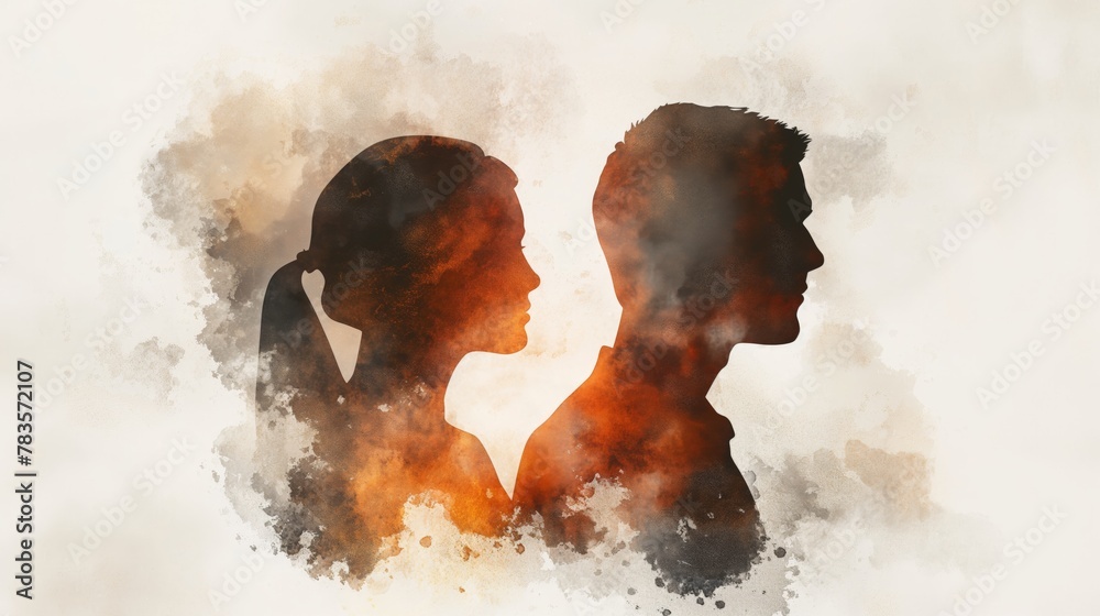 Silhouette romance: watercolor human-canvas fusion in maroon, brown, and orange tones - uhd illustration