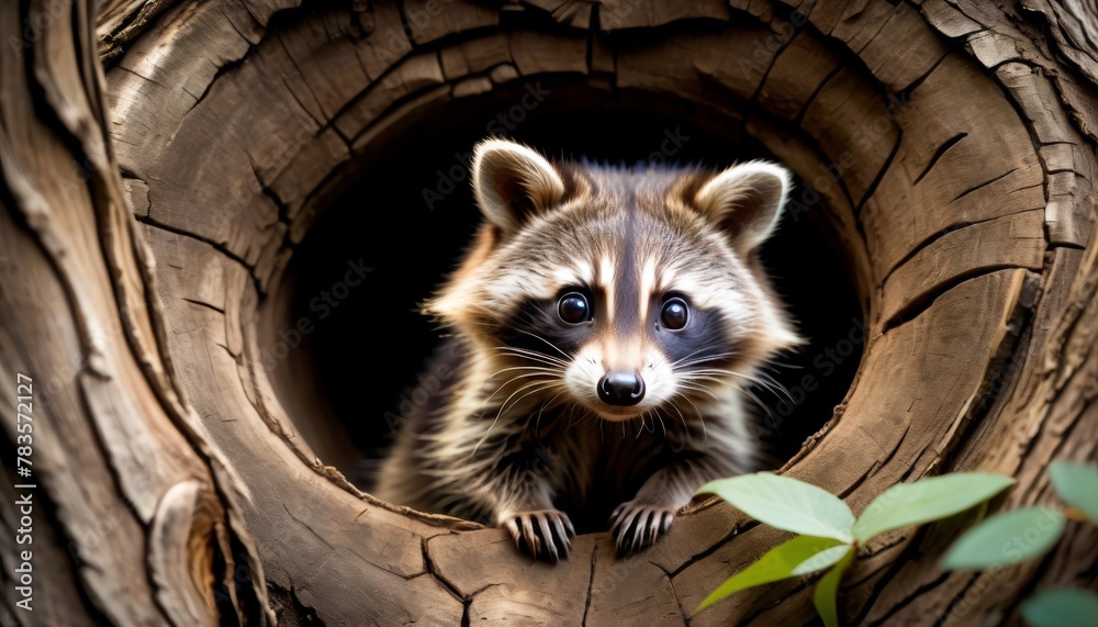 A digital illustration of a raccoon peeking from a tree hollow, its ...