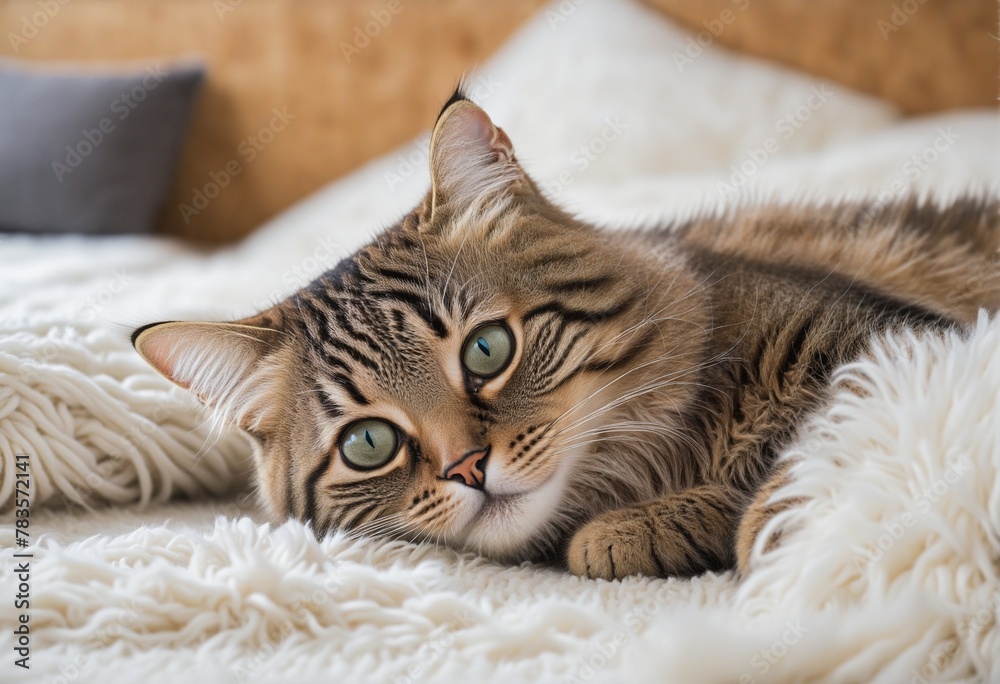 A cute young tabby cat lies on fluffy blanket and looks carefully in bright colours 