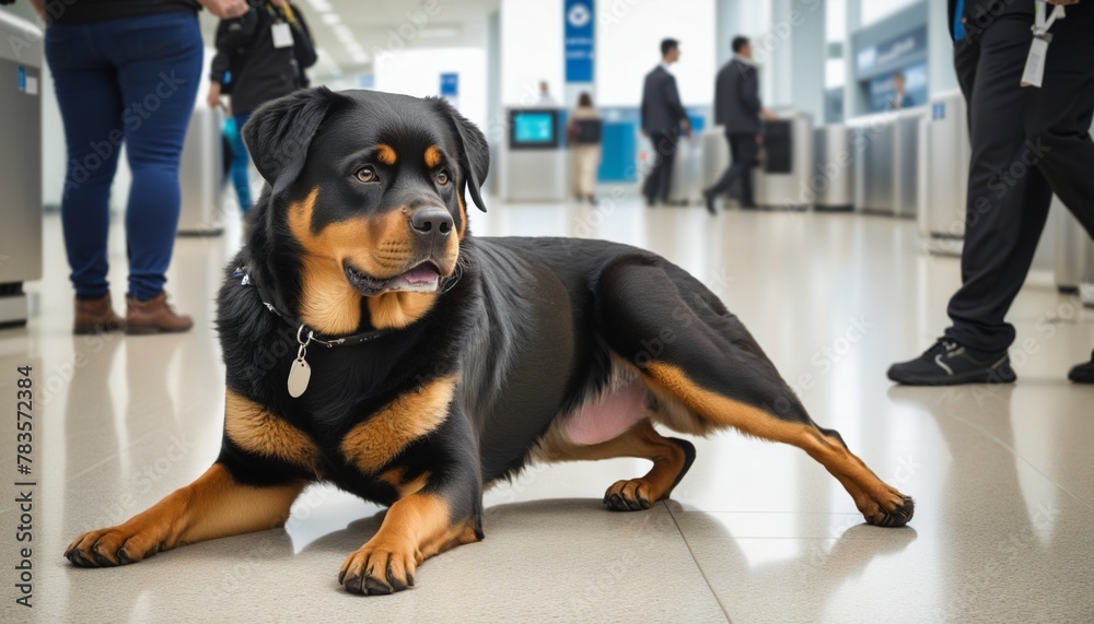 Horizontal view of a rottweiler dog in bright colours 