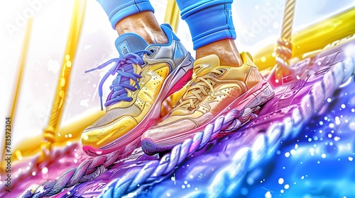 Close-up of vibrant athletic shoes with dynamic splash of colors and detailed texture on a sports rope bridge photo