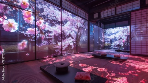 In this digital dojo the walls are alive with projected holographic cherry blossom trees while the floor is lined with intricately . .