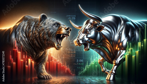 Bull vs bear, symbols of stock market trends, fierce market battle in red and green charts