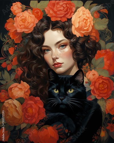 Draw a portrait of an elegant woman with dark curly hairs and a bright flower in her hair, cradling a mysterious black cat, set against a lively floral background ,  Illustration