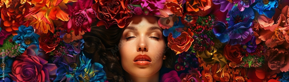 Vibrant digital collage of flowers and woman in profile. Contemporary art concept for design,