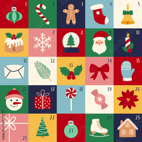 Christmas retro advent calendar with cute holiday elements. Modern xmas icon set © Karelkart