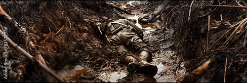 Fallen soldier lying in a muddy trench. War and military conflict concept with dramatic atmosphere photo
