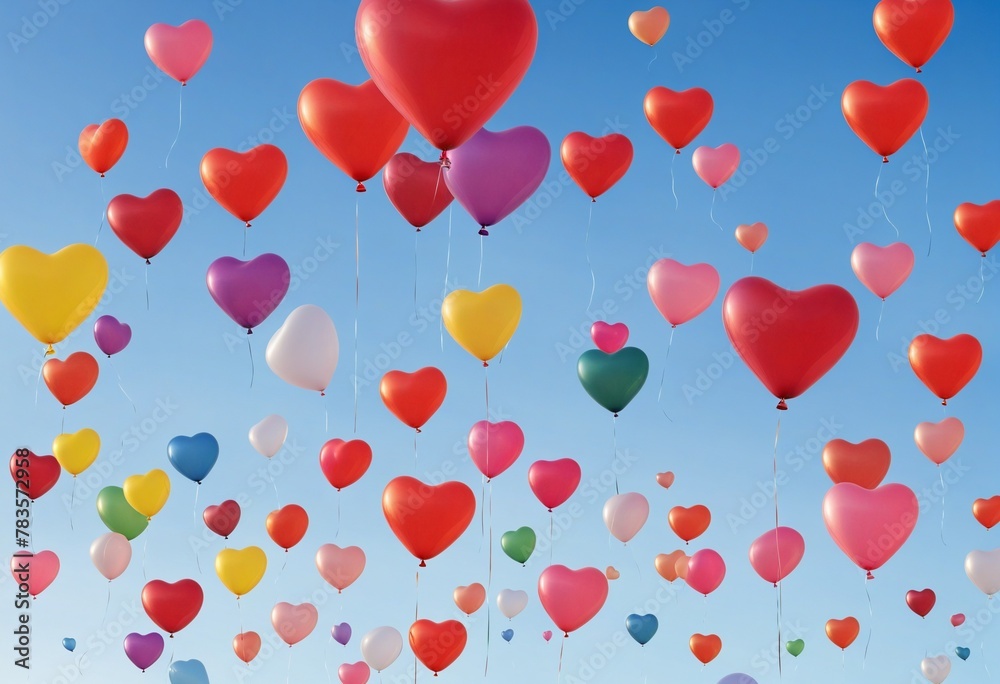 Colorful heart shape balloons flying in bright colours 
