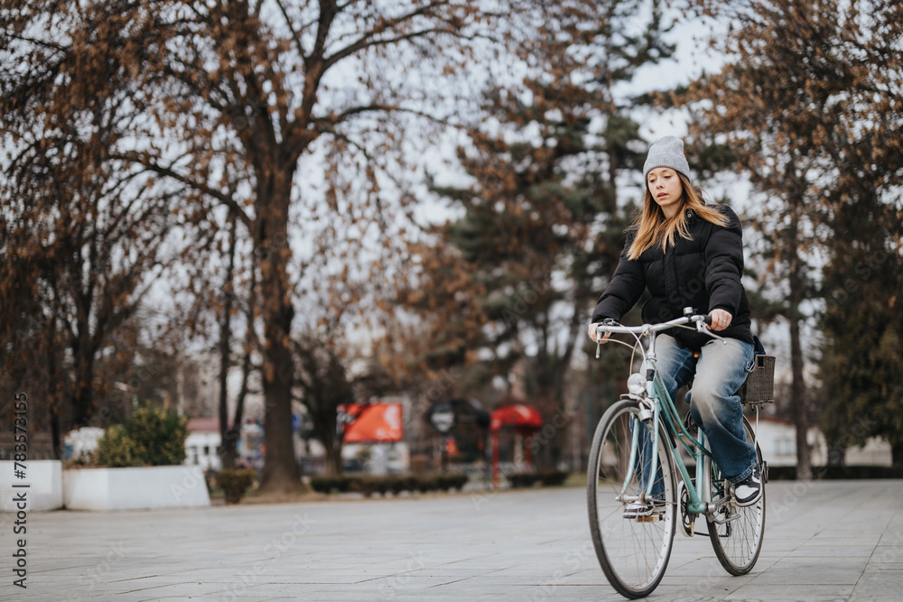 Casually dressed young woman with a beanie cycling through a serene park with autumn leaves, exuding a relaxed and peaceful vibe.