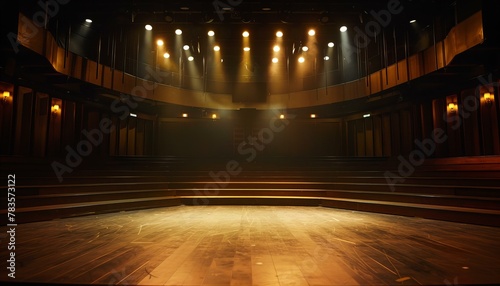 Empty theater stage with wooden flooring and dramatic lighting. Performing arts and entertainment photo