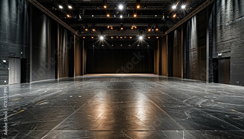 Empty theater stage with wooden flooring and dramatic lighting. Performing arts and entertainment