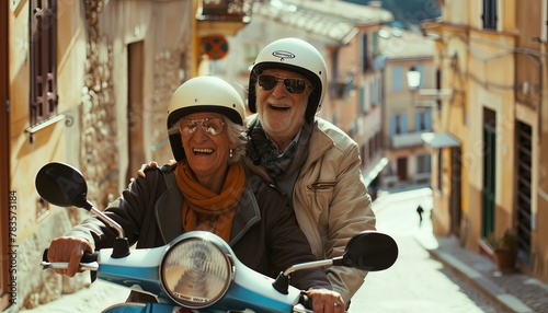 Senior couple riding a scooter in an urban setting with joy. Active seniors and travel concept