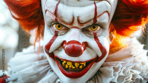 Close Up of a Clowns Face With Red Hair photo