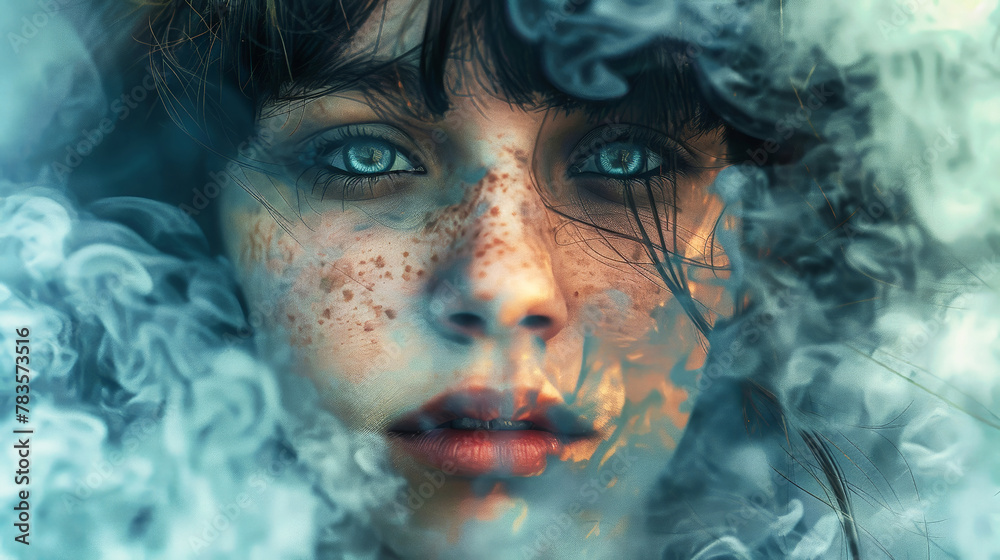 Woman With Blue Eyes Surrounded by Smoke Woman With Blue Eyes Surrounded by Smoke
