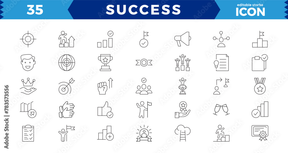 Success and Growth Editable Icons set. Vector illustration in modern thin line style of business icons: personal, business development, plan and process symbol. Solid icons vector collection.