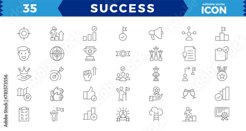 Success and Growth Editable Icons set. Vector illustration in modern thin line style of business icons: personal, business development, plan and process symbol. Solid icons vector collection.