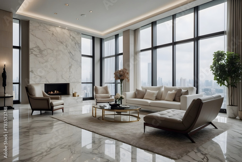 A modern interior room design with white sofa