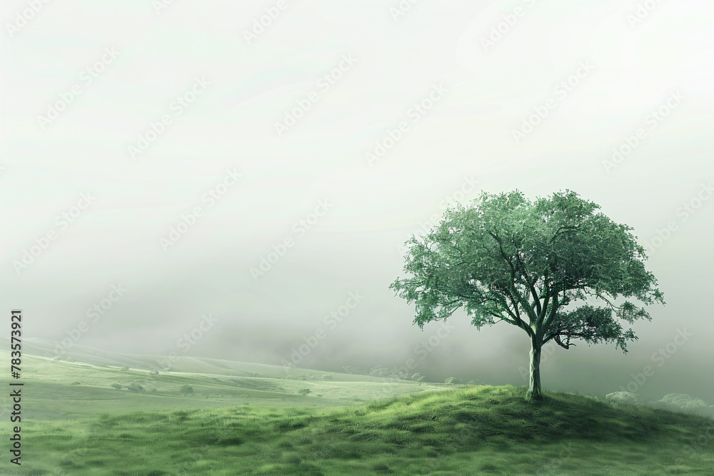 Fototapeta premium Lonely tree shrouded in mist on a green meadow at sunrise
