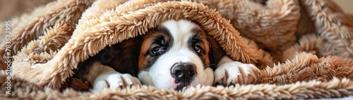 Saint Bernard puppy enveloped in a giant fluffy towel after a swim looking cozy and content photo