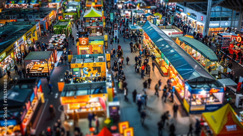 a bustling trade fair ground, filled with colorful booths and a diverse crowd of attendees