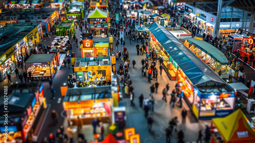 a bustling trade fair ground, filled with colorful booths and a diverse crowd of attendees © Christian