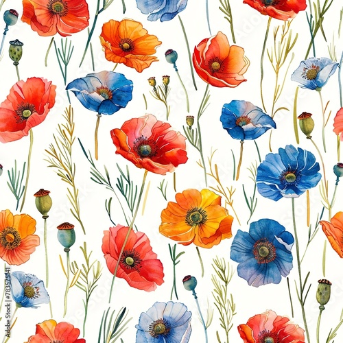 Small vibrant poppies field  seamless pattern  light watercolor. Seamless Pattern  Fabric Pattern   Tumbler Wrap  Mug Wrap.