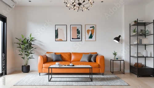 Modern living room mock up orange leather sofa  in bright colours 