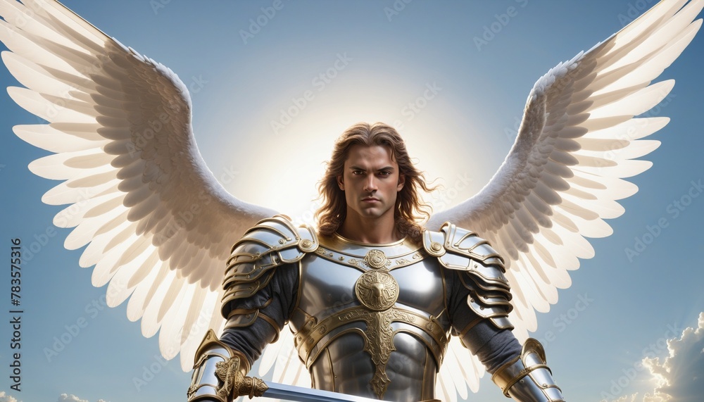 Archangel Michael with a sword and wings in bright colours  - obrazy, fototapety, plakaty 