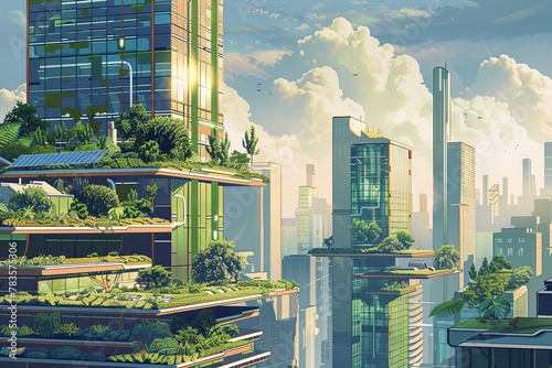 A painting depicting a futuristic cityscape with a multitude of tall skyscrapers boasting green rooftops, creating a unique urban landscape. Generative AI
