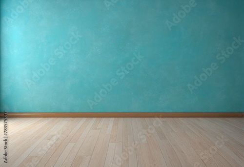 Blue turquoise empty wall and wooden floor in bright colours 