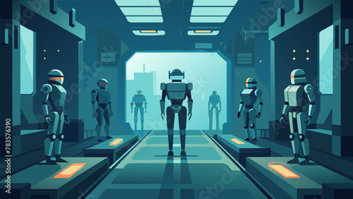 Inside the base sleek robots with glowing eyes and articulated limbs scurry through corridors lined with glowing screens and intricate