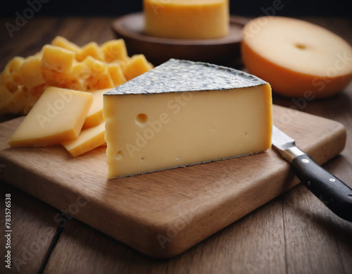 Semi-Hard Cheese Wedge on Cutting Board with Basil