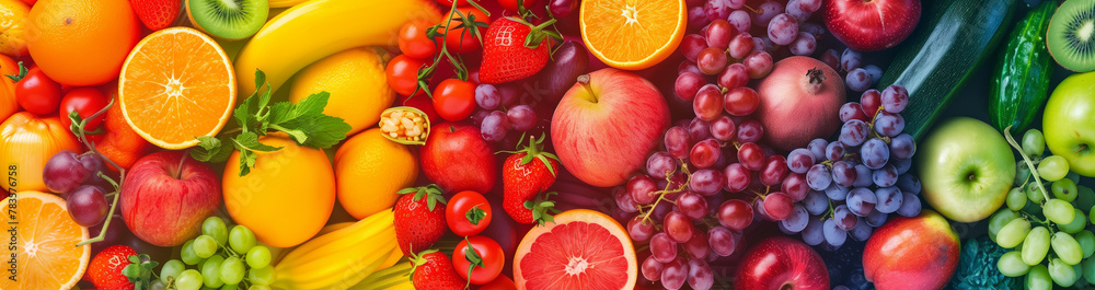 Vivid mosaic of fresh fruits and vegetables creating a rainbow spectrum, a vibrant display of healthy, colorful produce.
Vivid mosaic of fresh fruits and vegetables creating a rainbow spectrum, a vibrant display of healthy, colorful produce.