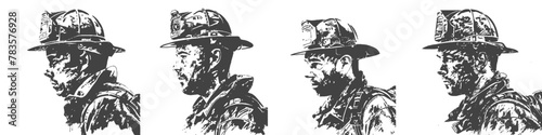 Four vector drawings of  a firefighter
