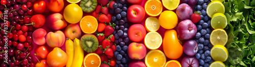 Vivid mosaic of fresh fruits and vegetables creating a rainbow spectrum, a vibrant display of healthy, colorful produce. 