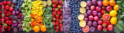 Vivid mosaic of fresh fruits and vegetables creating a rainbow spectrum, a vibrant display of healthy, colorful produce.
 photo