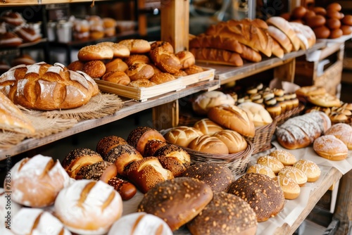 A bakery showcasing a wide variety of freshly baked bread, rolls, and desserts on shelves