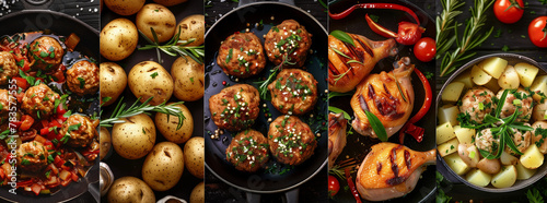 Collage of savory meatballs, herb-seasoned potatoes, and chicken with vegetables, all beautifully arranged on dark cookware. 