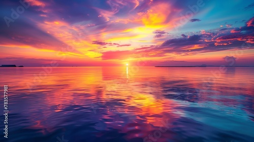 sunset over a serene lake, with colorful reflections shimmering on the water
