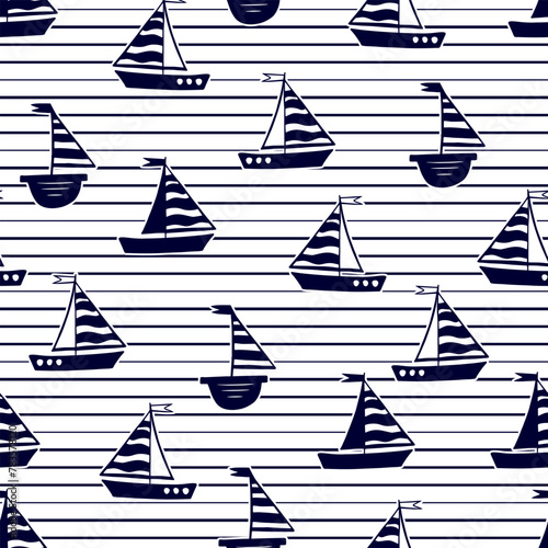 Marine seamless pattern with cartoon boats on strip background.