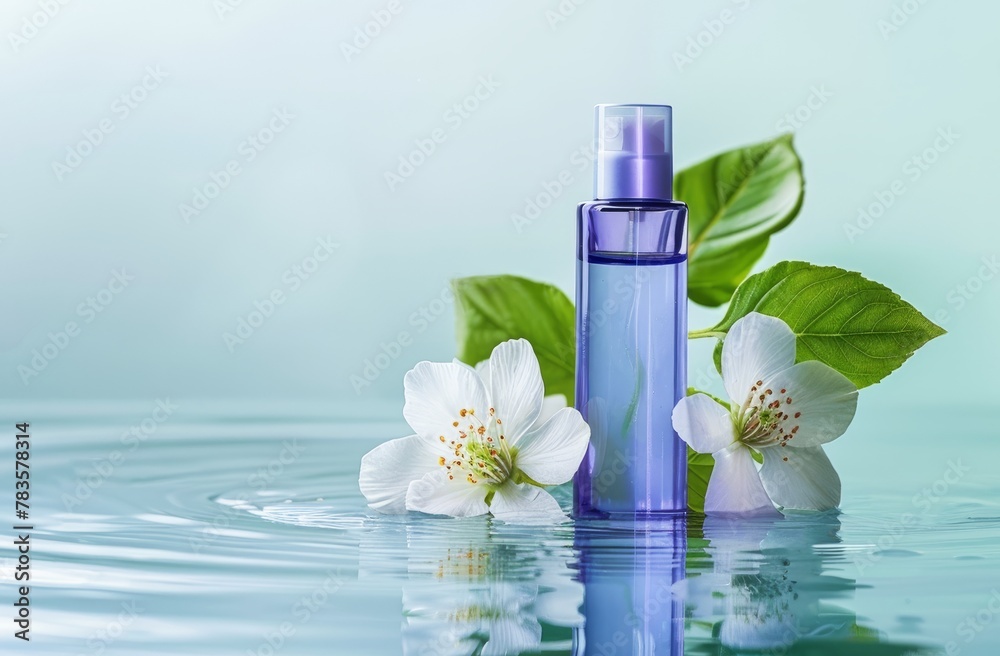 Serene Spa Setting With Blue Glass Bottle and White Blossoms on Water Surface